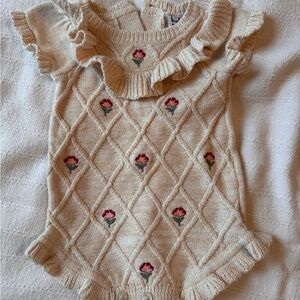 3-6 Month Cream Knit Ruffle Baby Romper with Embroidered Pink Flowers